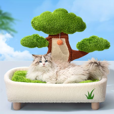 Cozy Pine Tree Cat Nest with Integrated Scratch Board - Durable, Detachable & Washable, All-Season Warmth for Cats, Soft Cream Fleece with Green Accents, Includes Playful Hanging Ball Toy, Cat Hideout
