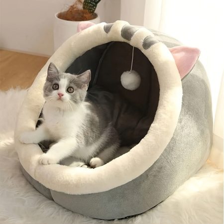 Soft Plush Cat House with Cushion | Classic Style Polyester Fiber Cat Condo | Breathable Pet Bed Basket for Small, Medium and Large Cats | Cozy Cat Cave for All-Season Use