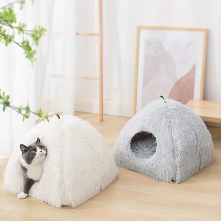 Long Plush Cozy Cat Cave Bed - Soft Polyester Pet House with Non-Slip Bottom, Removable Washable Pads & Arched Entrance Tunnel for Warmth & Comfort, Cute Hideout for Kittens & Cats, Pet Relaxation Space | Cute Cat Cave | Fluffy Texture, Cat Bed