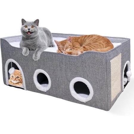 [Cozy Cat House with Canopy] 2 Caves Large Cozy Indoor Cat House - Natural Fiber Classic Style Collapsible Bed with Canopy & Fluff Ball, Easy Assembly