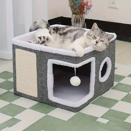 Luxury Multi-Level Cat House - 2-Layer Bed, Toy Tunnel, Foldable Sofa, Climbing Rope, & Soft Cushions - Indoor/Outdoor Cat Play Cube With Velvet Suspender Balls, Durable Nylon Frame, And Weatherproof And Canvas Ma- Perfect Home For Year-Round Comfort