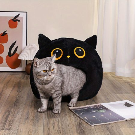 Soft Modern Black Owl-Themed Pet Bed - Cozy Enclosed Nest for Small to Medium Cats & Dogs, Non-Assemblable Polyester Fiber All-Season