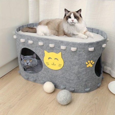 All-Season Cat House - Durable Oxford Fabric & Polyester, Scratch-Resistant, No Assembly Needed, Double-Layer Design with Playful Cat Faces & Paw Prints, Soft Cushioned Interior for Indoor Cats, Classic Style Cat Furniture, Cozy Pet Hideaway, Charming Pet
