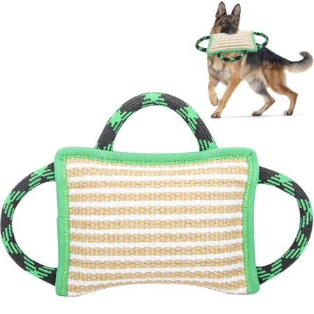 Dog Training Bite Linen Green Tug Toy with 3 Handles, Tough Tug Toy for Medium to Large Dogs Interactive Playing, Ideal for Tug of War, K9, IPO, Puppy Training (11 Inch × 7.8 Inch)